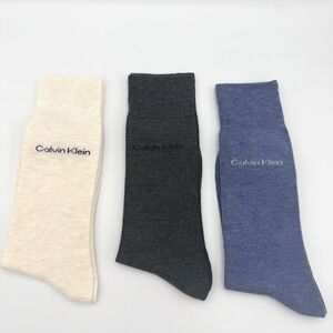 CALVIN KLEIN Mens Crew Dress Socks 3-Pack Cotton Blend Logo Gray Blue Ivory NEW